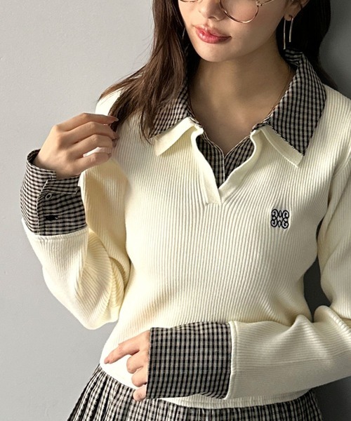 日本🇯🇵連線 Mily Bilet 時尚疊穿格紋拼接針織衫 層次感 羅紋針織 針織衫 格紋 長袖 3色(任買兩件711免運)/預購