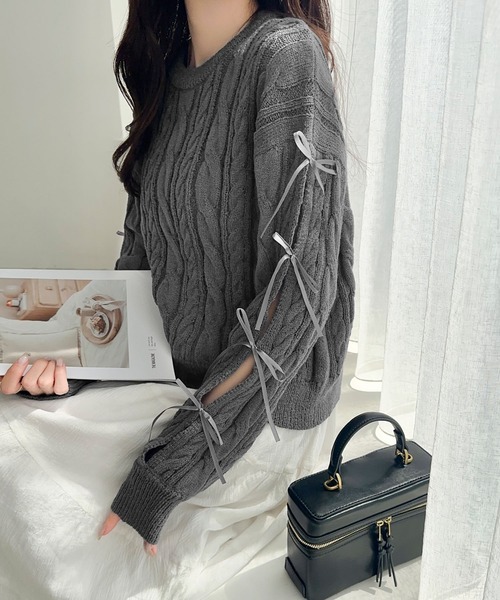 日本🇯🇵連線 Mily Bilet 緞帶鏤空麻花針織套頭 針織衫 套頭衫 鏤空 緞帶 綁帶 長袖 4色(任買兩件711免運)/預購