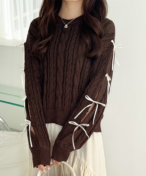 日本🇯🇵連線 Mily Bilet 緞帶鏤空麻花針織套頭 針織衫 套頭衫 鏤空 緞帶 綁帶 長袖 4色(任買兩件711免運)/預購