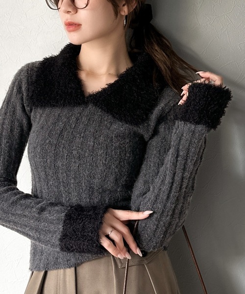 日本🇯🇵連線 Mily Bilet 可愛加倍!毛絨領針織上衣 羅紋 針織 套頭衫 毛茸茸 長袖 3色(任買兩件711免運)/預購