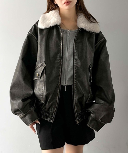 日本🇯🇵連線 Mily Bilet 毛領可拆!復古風格仿皮夾克外套 復古 毛絨 皮衣 外套 夾克 長袖 2色(任買兩件711免運)/預購