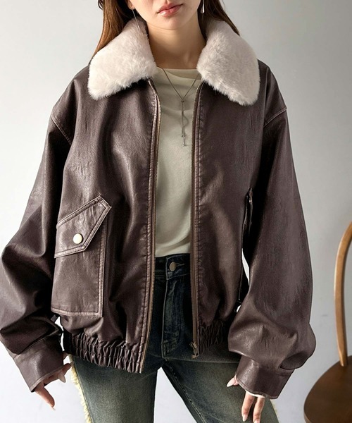 日本🇯🇵連線 Mily Bilet 毛領可拆!復古風格仿皮夾克外套 復古 毛絨 皮衣 外套 夾克 長袖 2色(任買兩件711免運)/預購