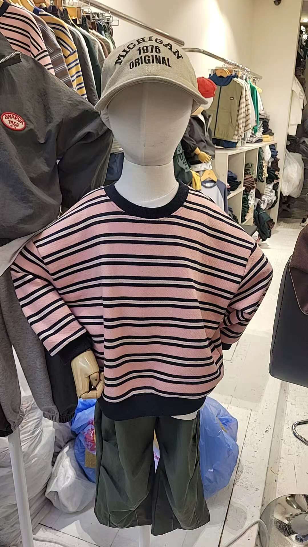 kIDS I-粉黑間條圓領長袖上衣