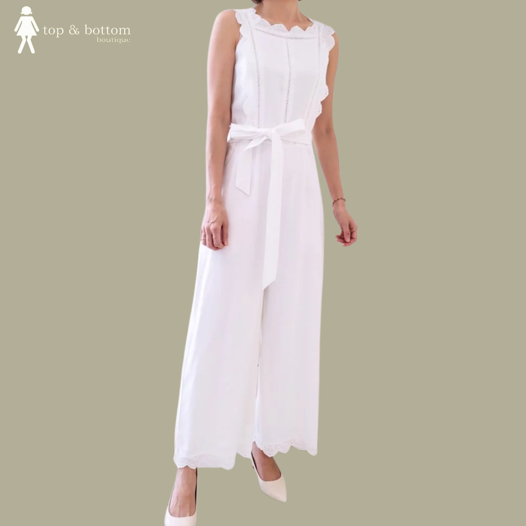 COTTON LACE RIBBON WAISTED LONG JUMPSUIT