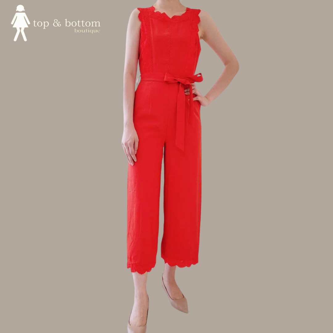 COTTON LACE RIBBON WAISTED LONG JUMPSUIT