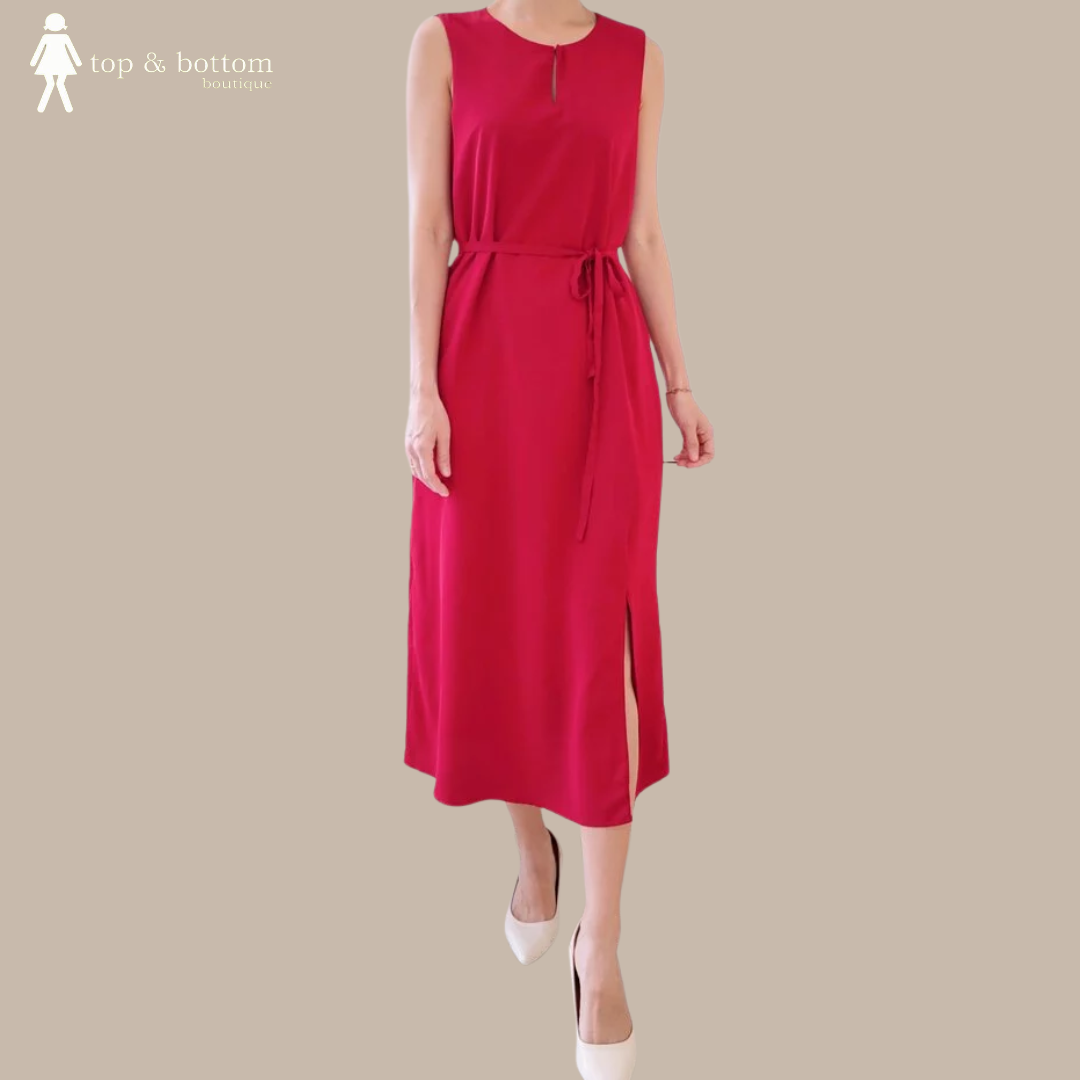 CHIFFON RIBBON TIE WAIST MIDI DRESS