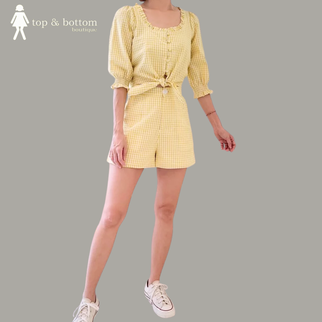 MID SLEEVE CHECKED BUTTON BLOUSE & SHORTS SET SUIT (2PCS)