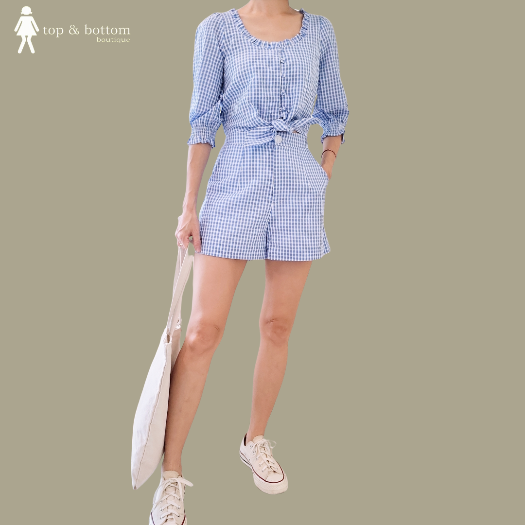 MID SLEEVE CHECKED BUTTON BLOUSE & SHORTS SET SUIT (2PCS)