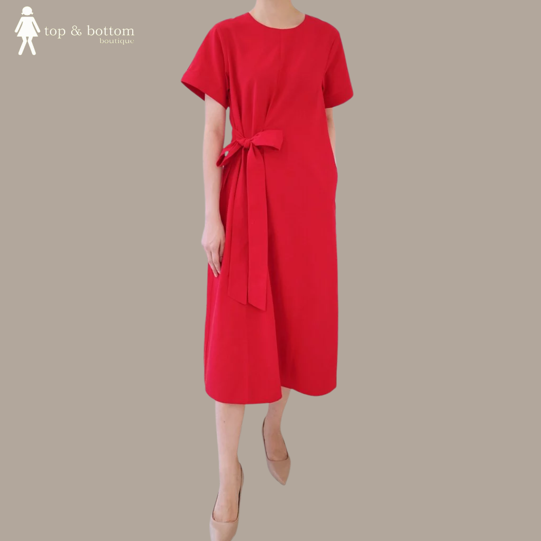 S/SLEEVE TIE WAIST LONG DRESS