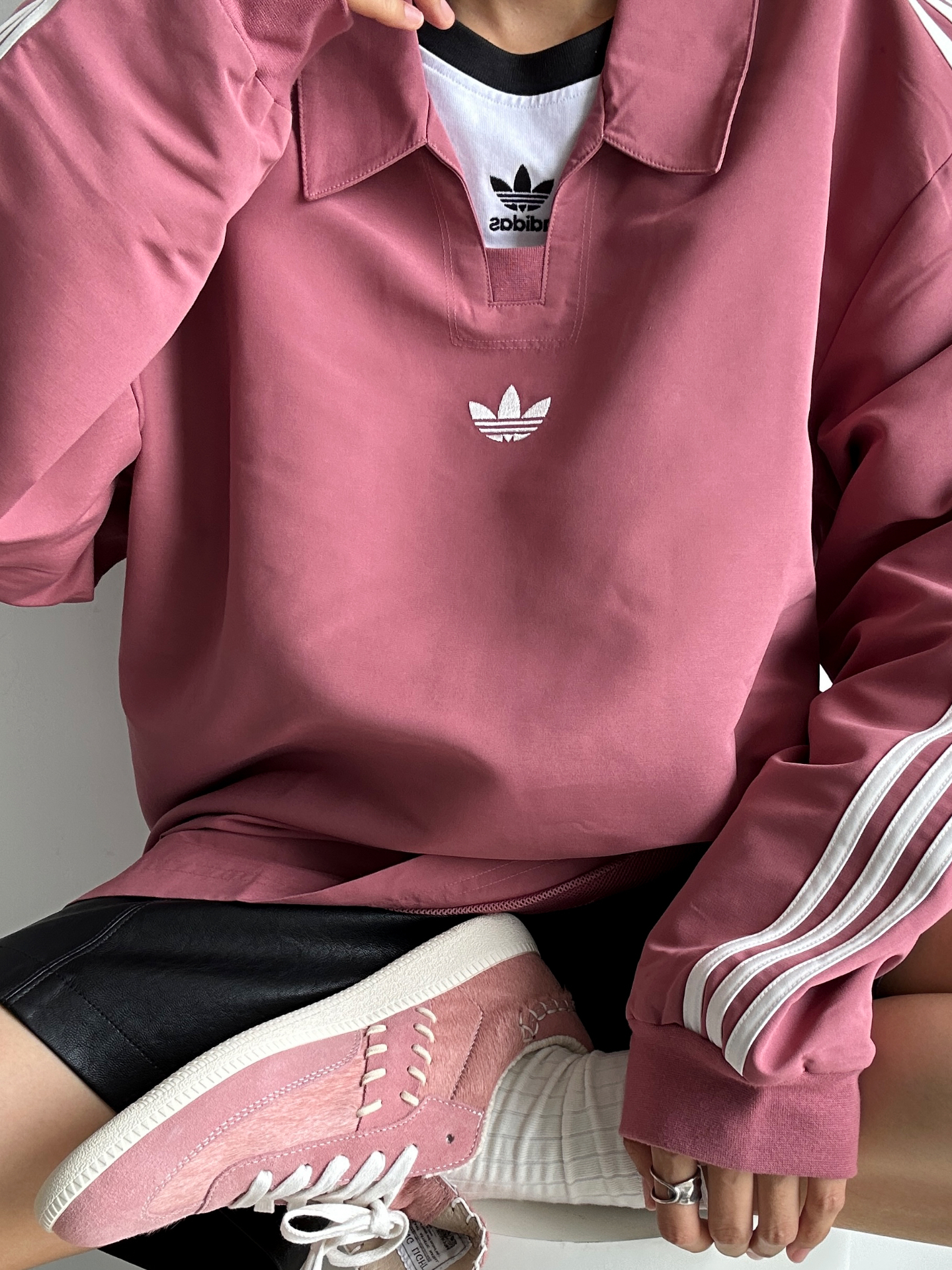代購-Adidas Originals RUGBY POLO SHIRT 長袖Polo衫 男女同款 黑/粉