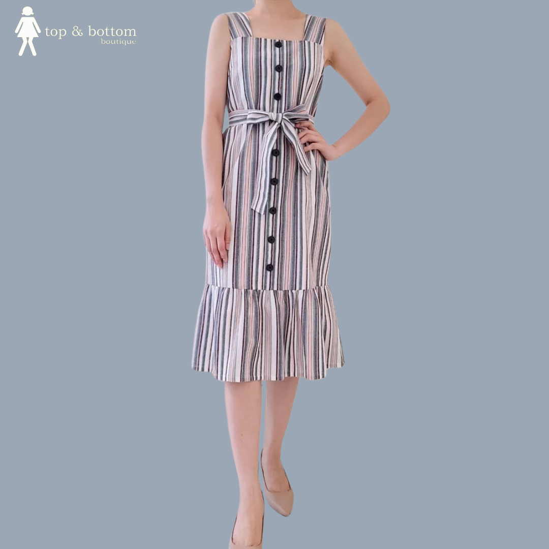 STRAP STRIPED BUTTON MIDI DRESS