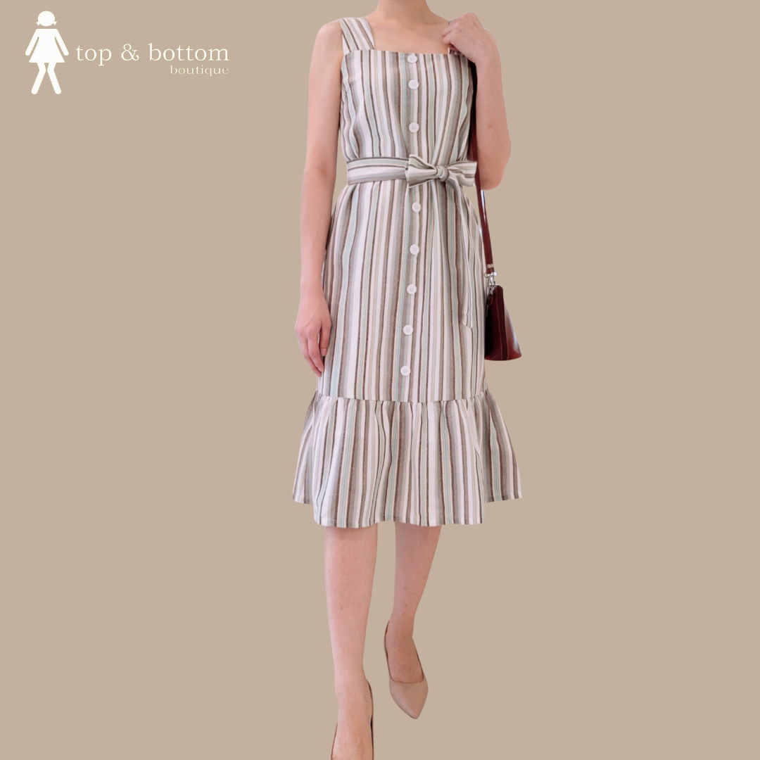 STRAP STRIPED BUTTON MIDI DRESS