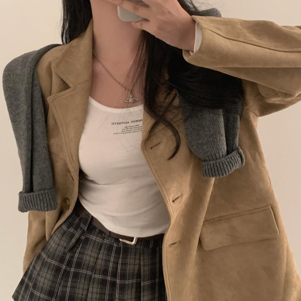 今年必備! 麂皮長版西裝外套(焦糖/卡其)