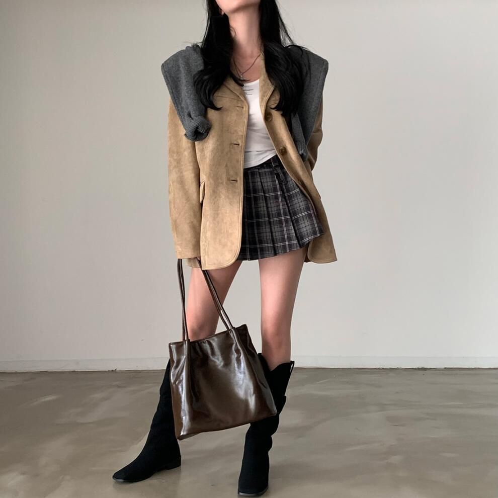 今年必備! 麂皮長版西裝外套(焦糖/卡其)