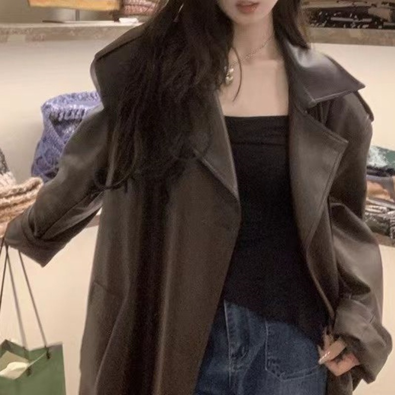 重工皮革長版風衣外套(黑/咖)