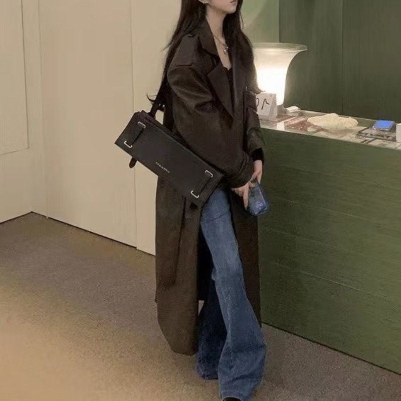 重工皮革長版風衣外套(黑/咖)