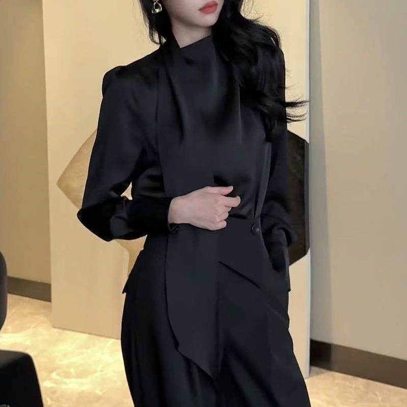 繞脖飄帶 綢緞長袖上衣+高腰褲(可單買)