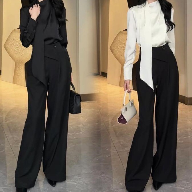 繞脖飄帶 綢緞長袖上衣+高腰褲(可單買)