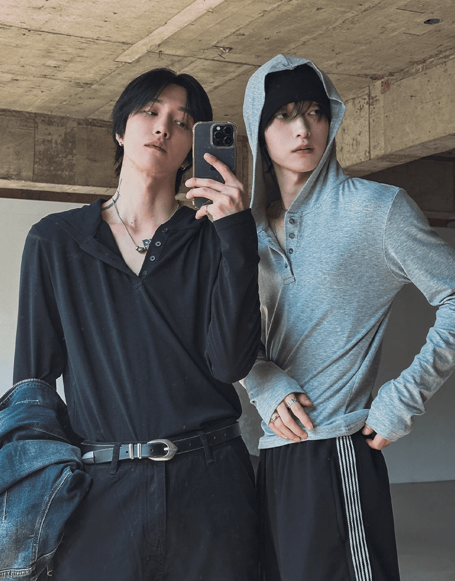 亨利領長袖連帽T恤