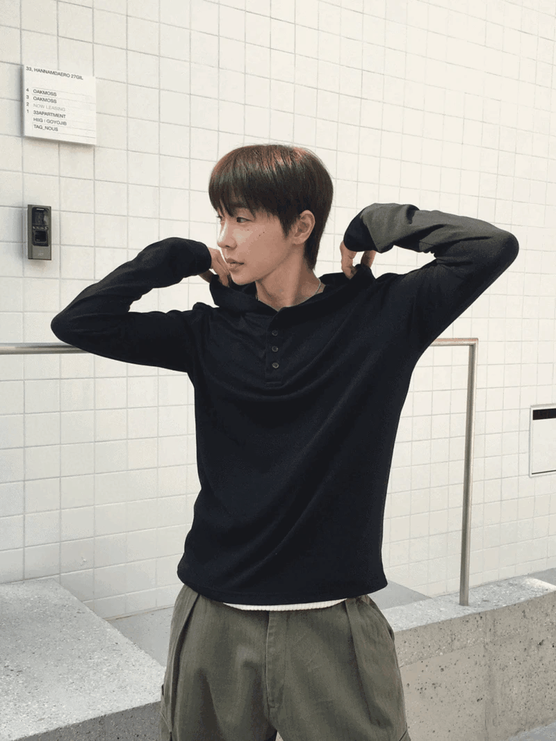 亨利領長袖連帽T恤