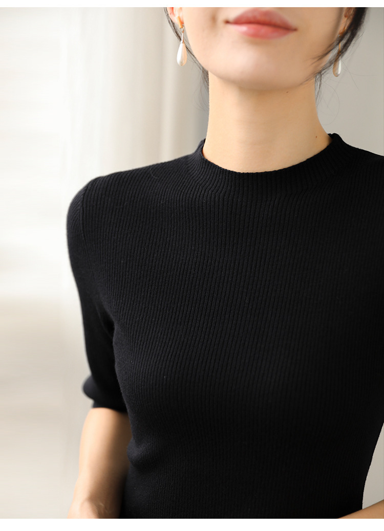 羊毛坑條圓領袖上衣(灰/黑)