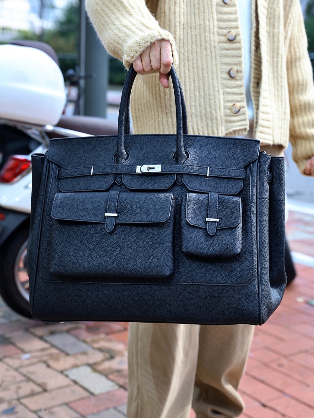 雙口袋黑色柏金包