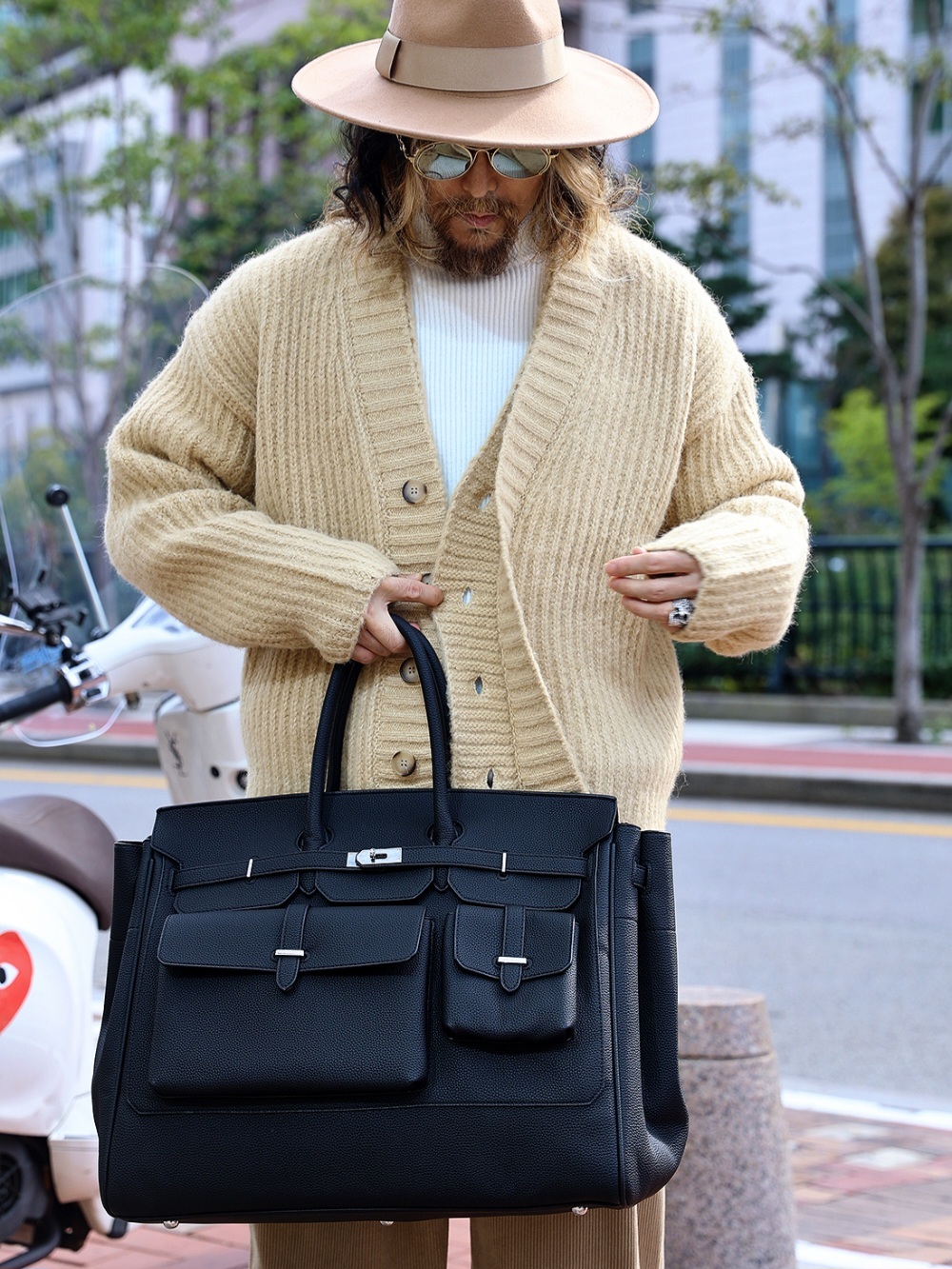 雙口袋黑色柏金包