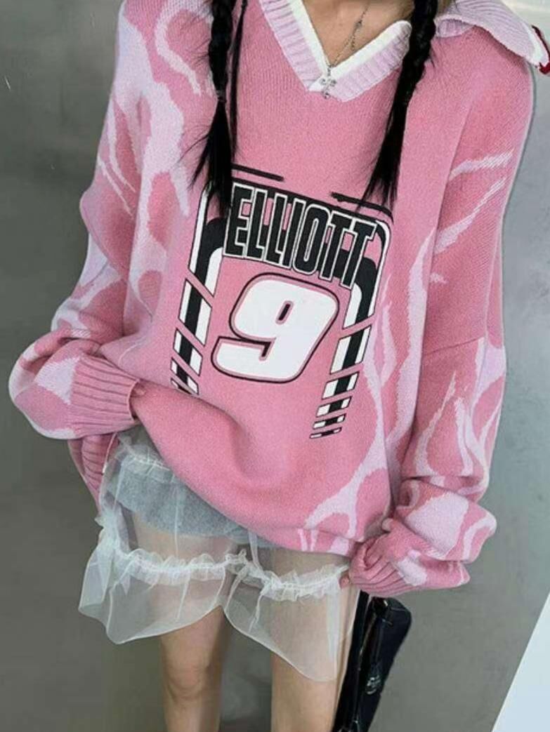 反領英文字針織衫 T5813