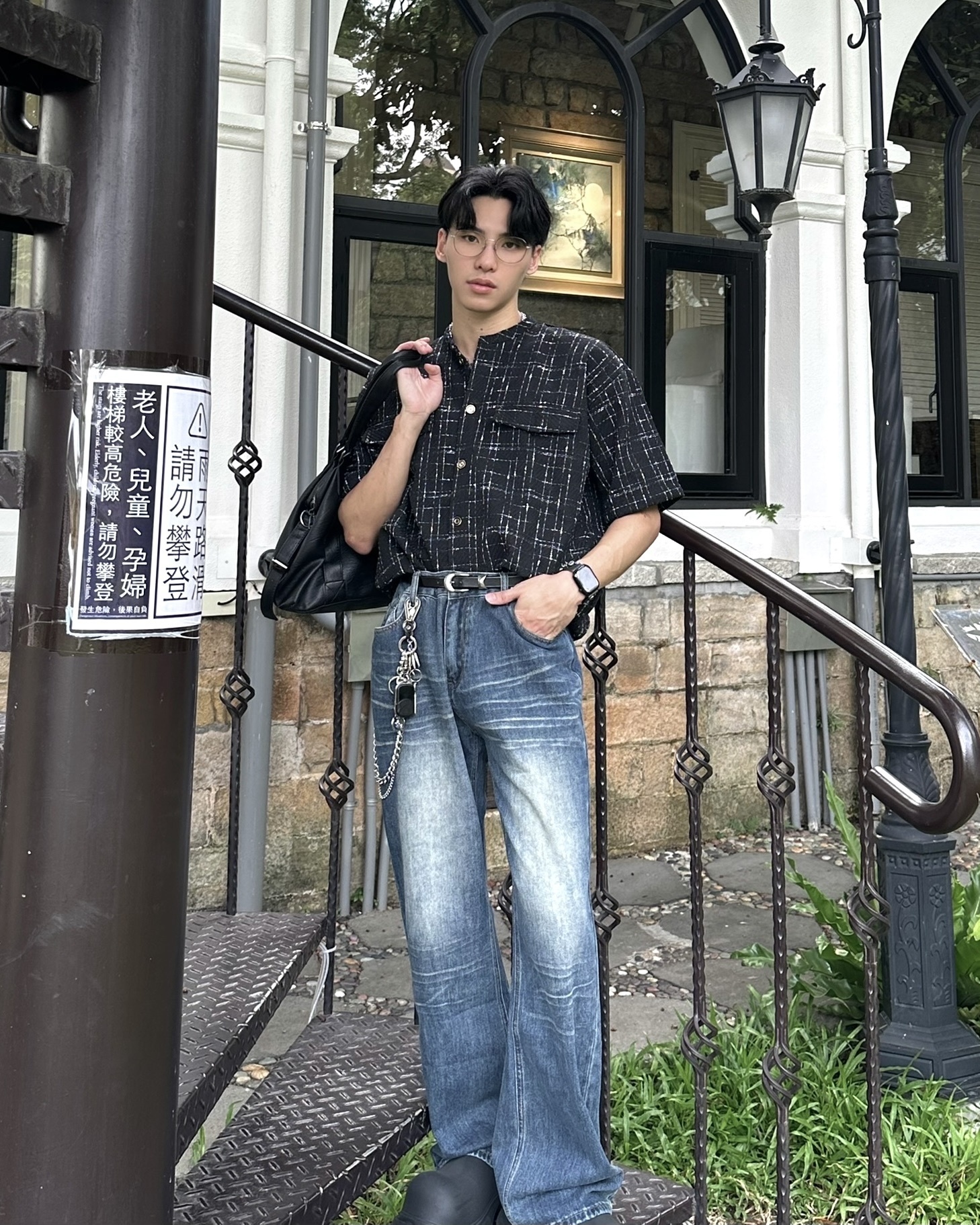 𝐇·𝐓·𝐒 韓國 小香風 格紋設計 復古針織 雙口袋 圓領 外搭 短袖 襯衫