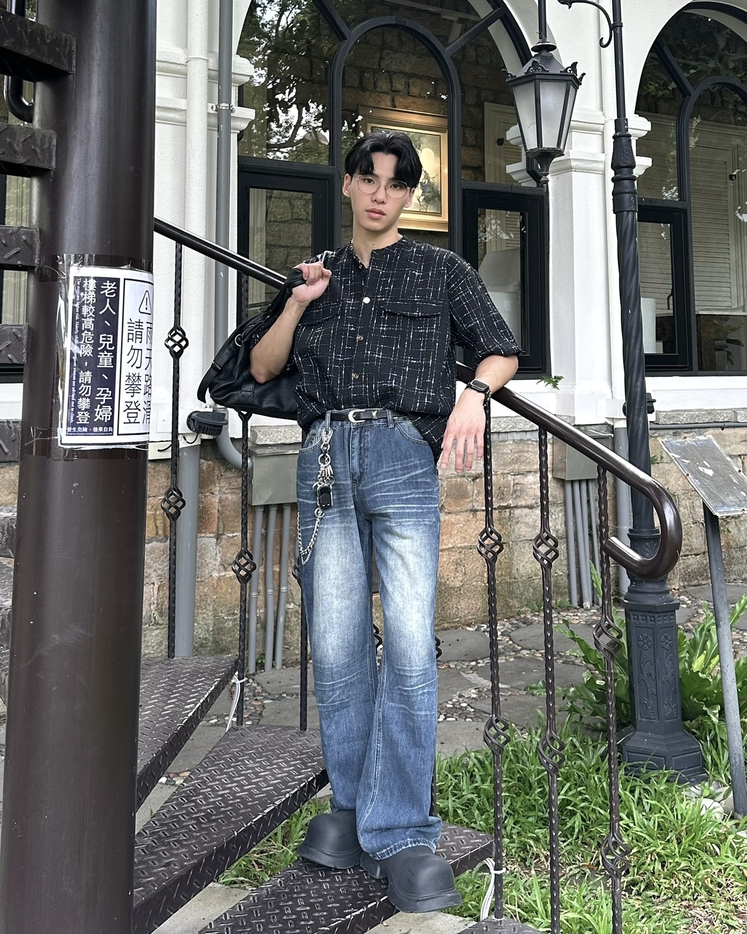 𝐇·𝐓·𝐒 韓國 小香風 格紋設計 復古針織 雙口袋 圓領 外搭 短袖 襯衫