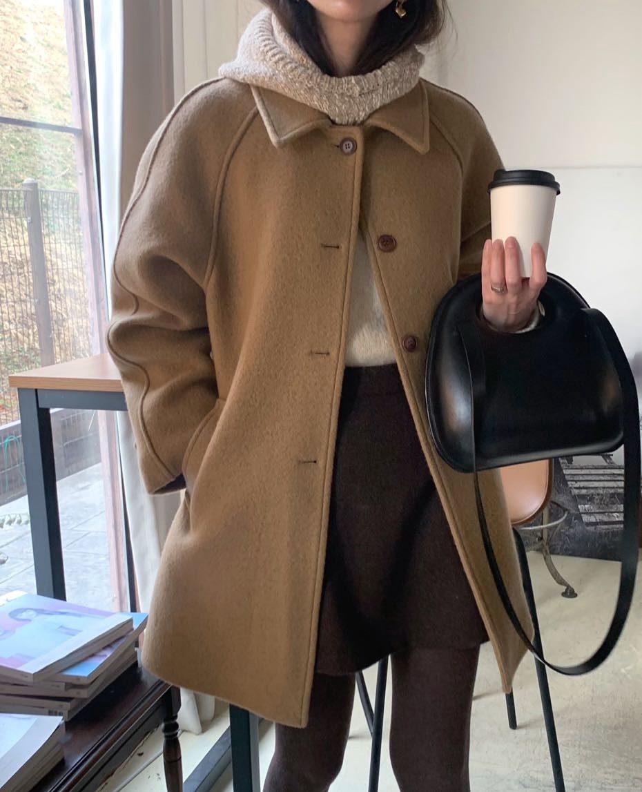 韓國 -簡約金扣羊絨褸 （羊毛80%）