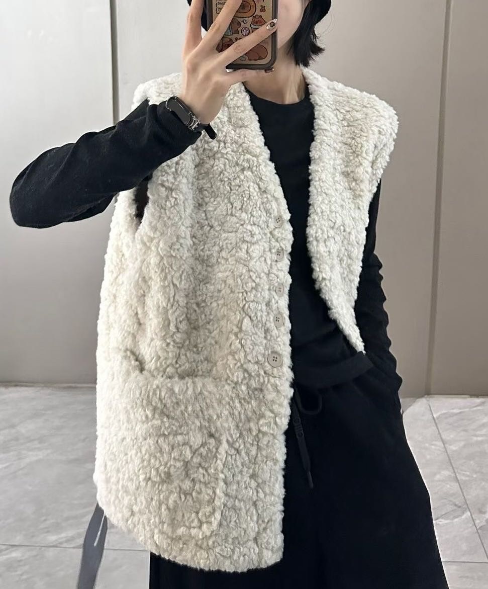 韓國 - 簡約毛毛背心外套