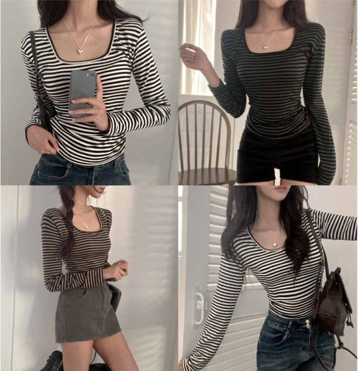 早秋預訂｜方領STRIPE長袖T 恤