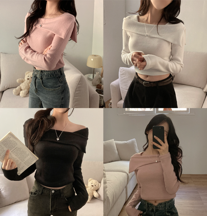 早秋預訂｜Serin抓絨露肩短款長袖T 恤