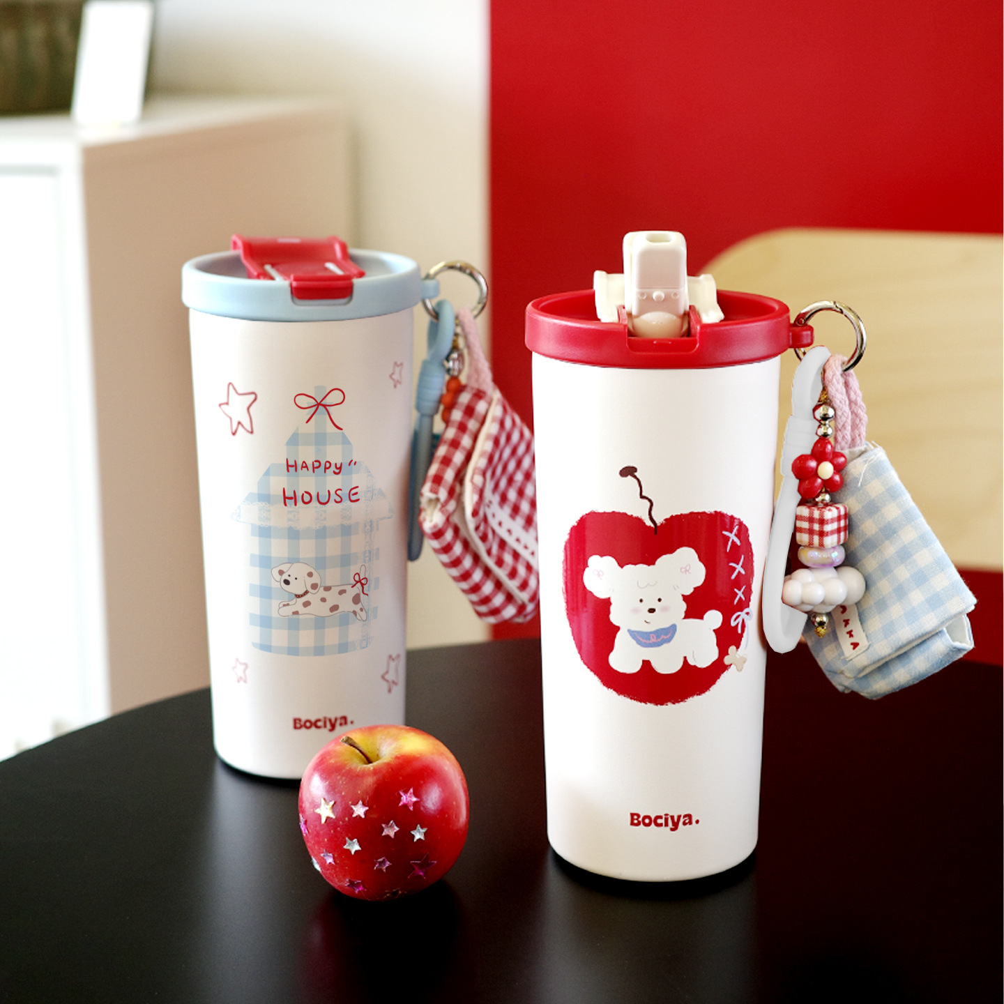 《6332》蘋果小狗手提吊飾保溫杯 480ml
