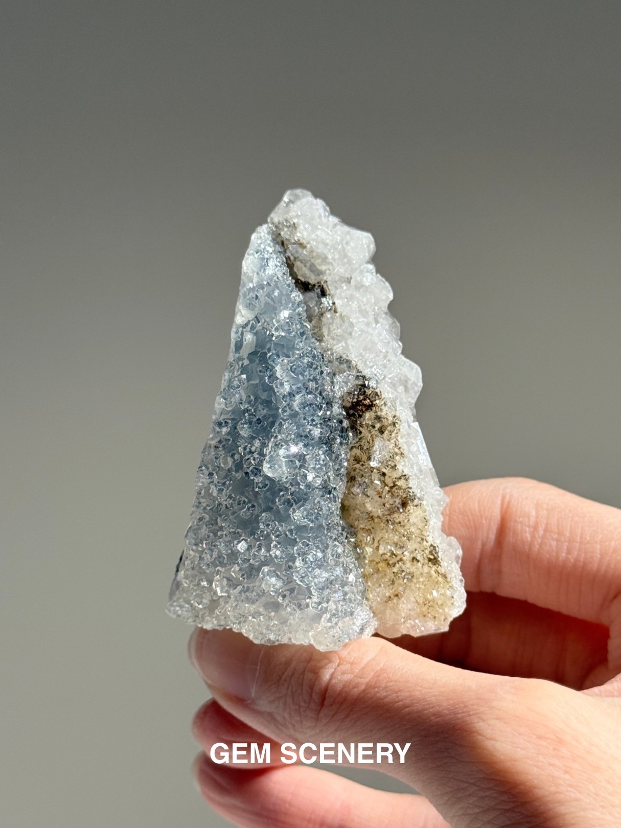 Crystallized Dawn - Apophyllite on Blue Chalcedony