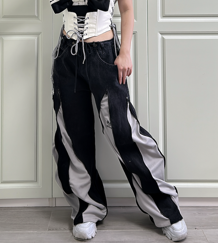 【現貨】泰國REMAKE 拉鏈併布長褲 - 黑牛仔併灰色