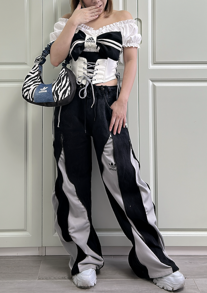 【現貨】泰國REMAKE 拉鏈併布長褲 - 黑牛仔併灰色