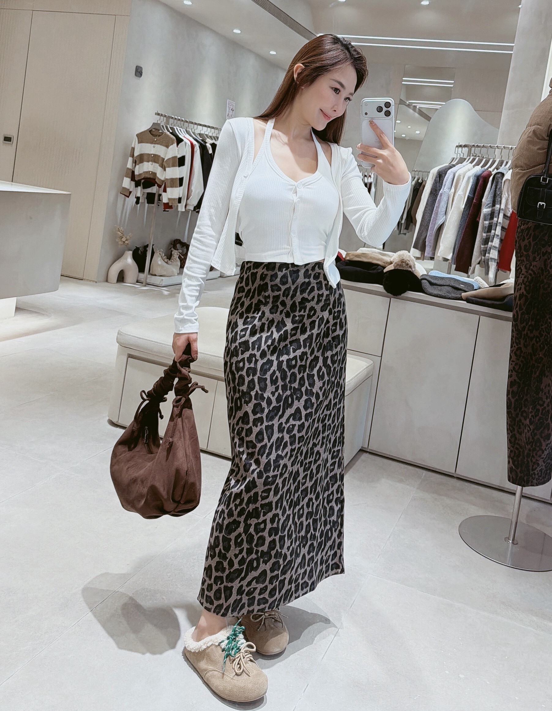 側拉鍊後鬆緊豹紋A字長裙