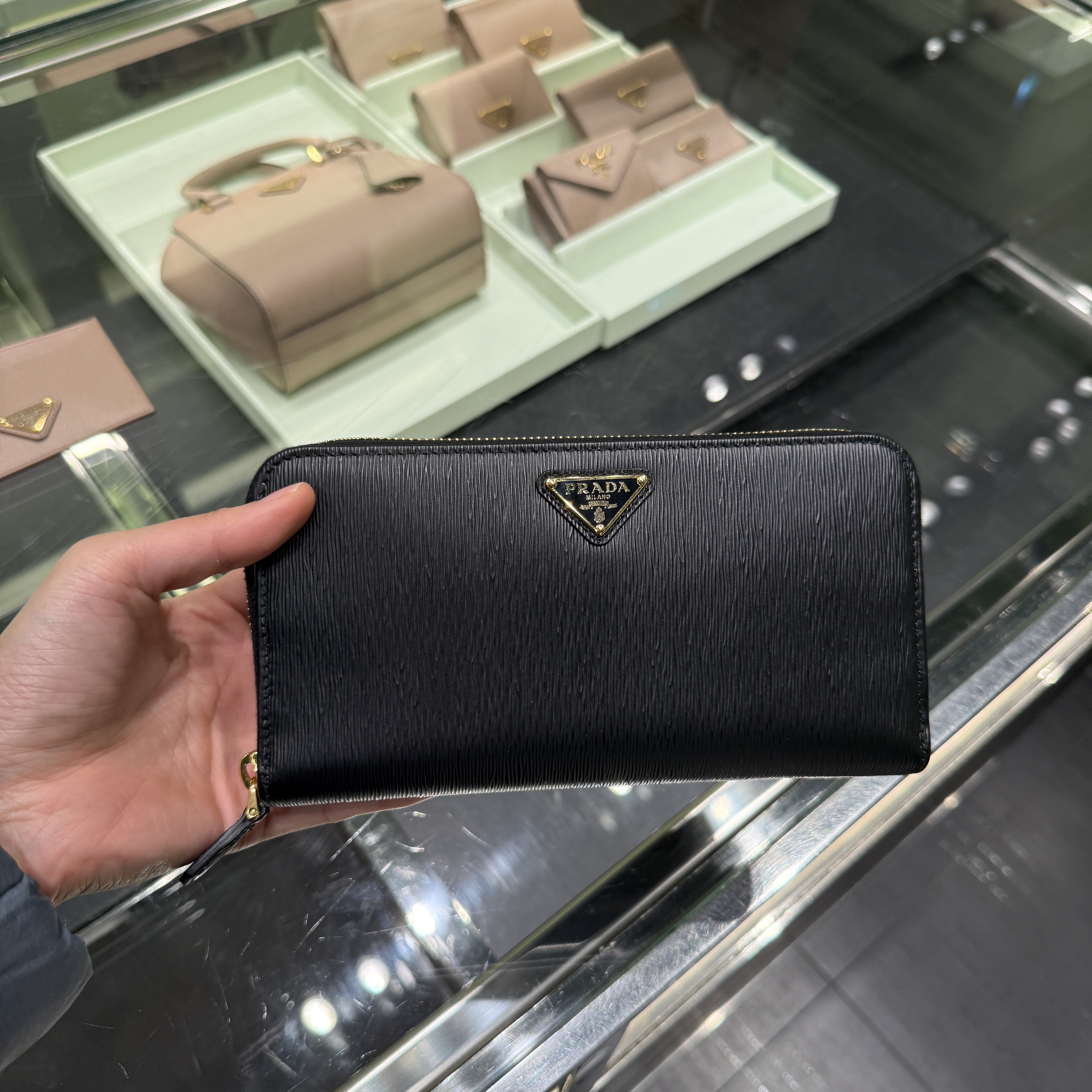 Prada Ribble Leather zip long Wallet Black 1ML506