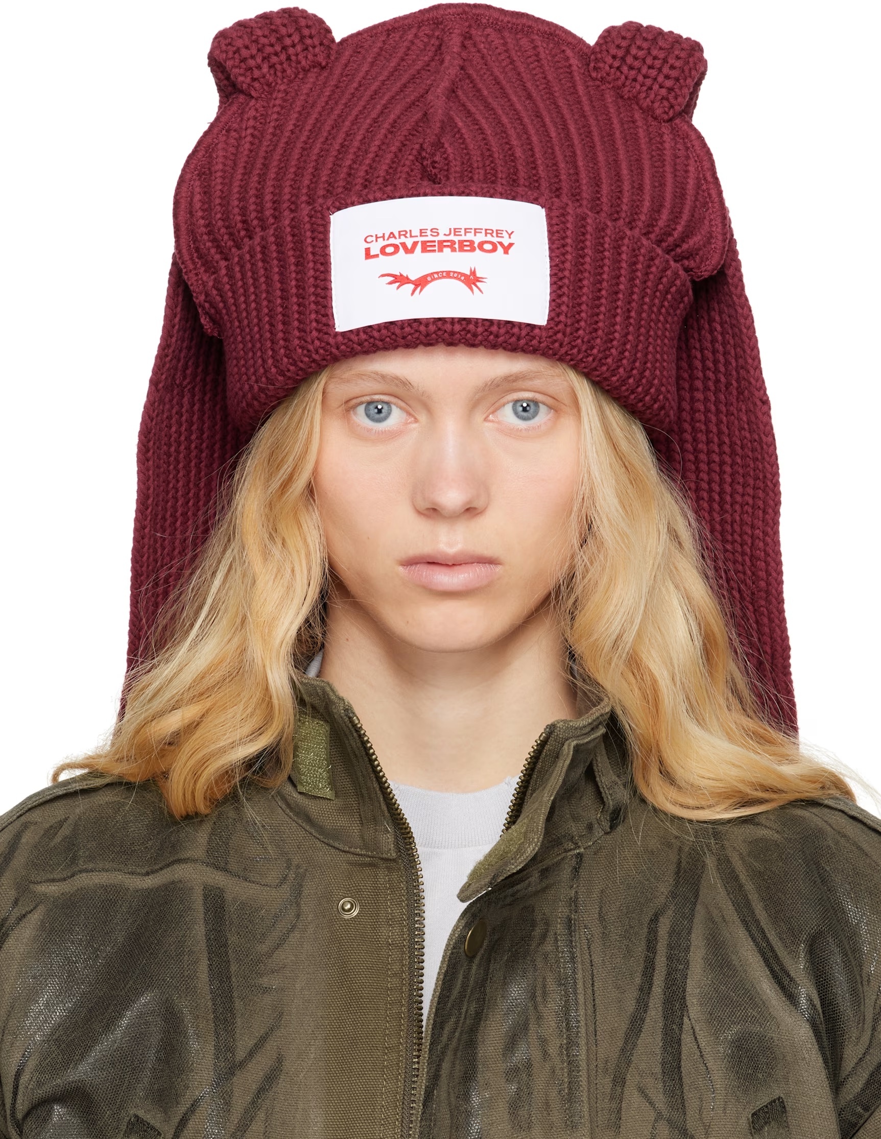 《現貨》CHARLES JEFFREY LOVERBOY Burgundy Chunky Rabbit Beanie