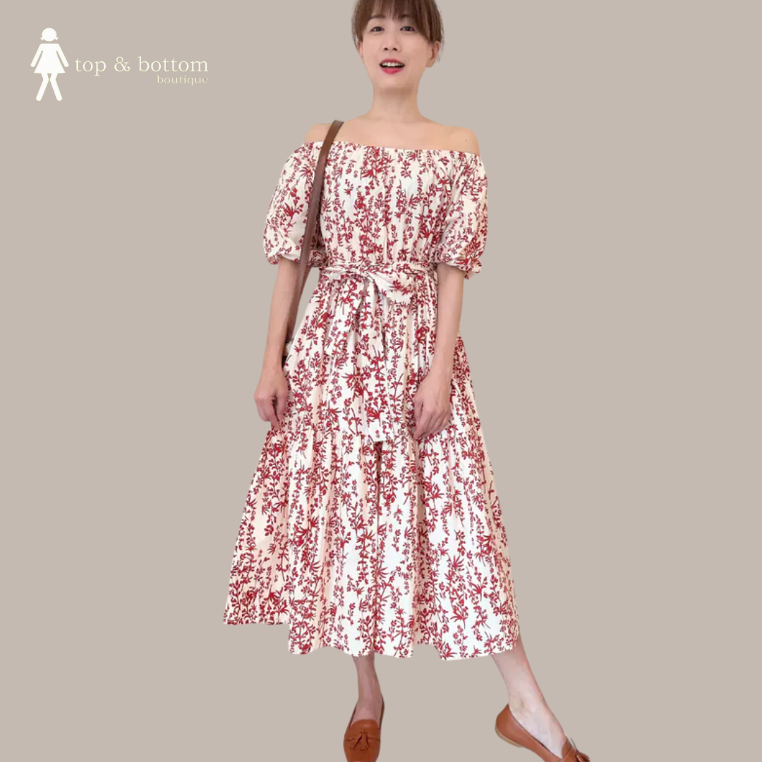 PUFF SLEEVE OFF SHOULDER FLORAL MIDI DRESS