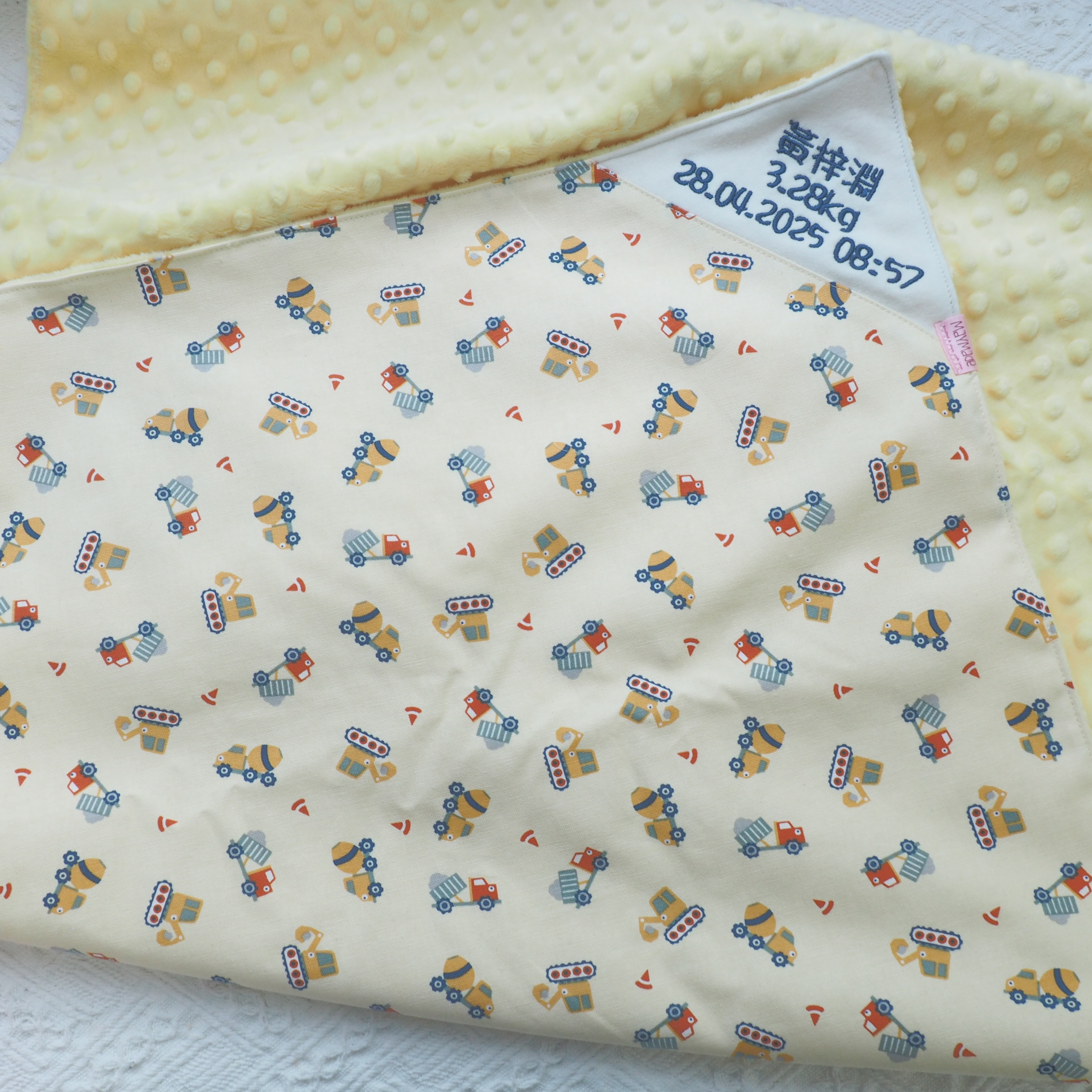 黃色工程車圖案 BB被仔 嬰兒被 可繡名