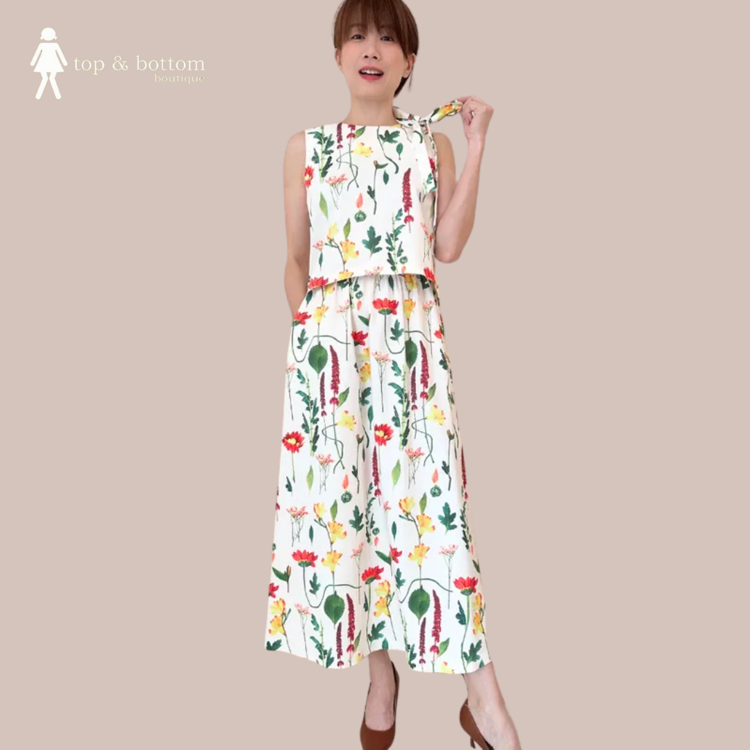 SOLID S/LESS FLOWERY BLOUSE & LONG SKIRT SET SUIT (2 PC)
