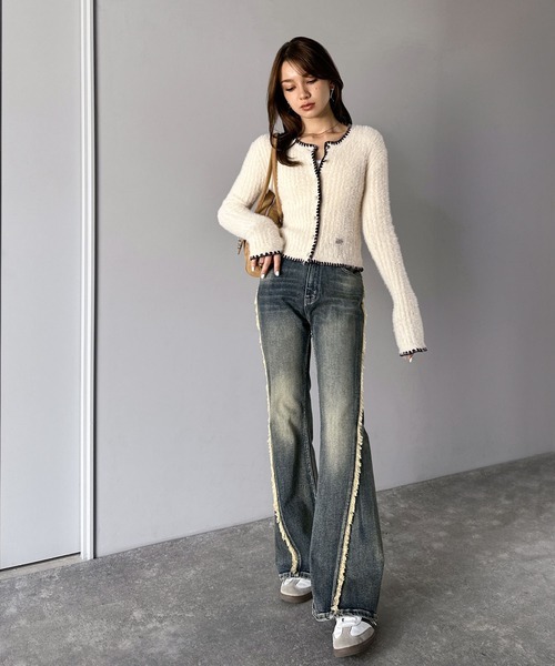 零碼現貨象牙白XL!! 日本🇯🇵連線 Mily Bilet 可愛毛線配色排扣針織衫 羅紋 針織 開襟衫 針織衫 絨毛 長袖 4色(任買兩件711免運)/現貨