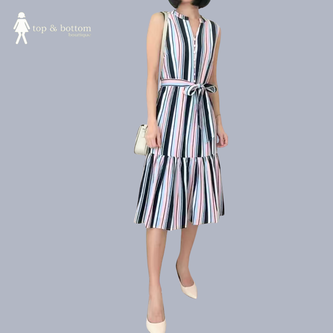 SOLID CHIFFON STRIPED BUTTON MIDI DRESS