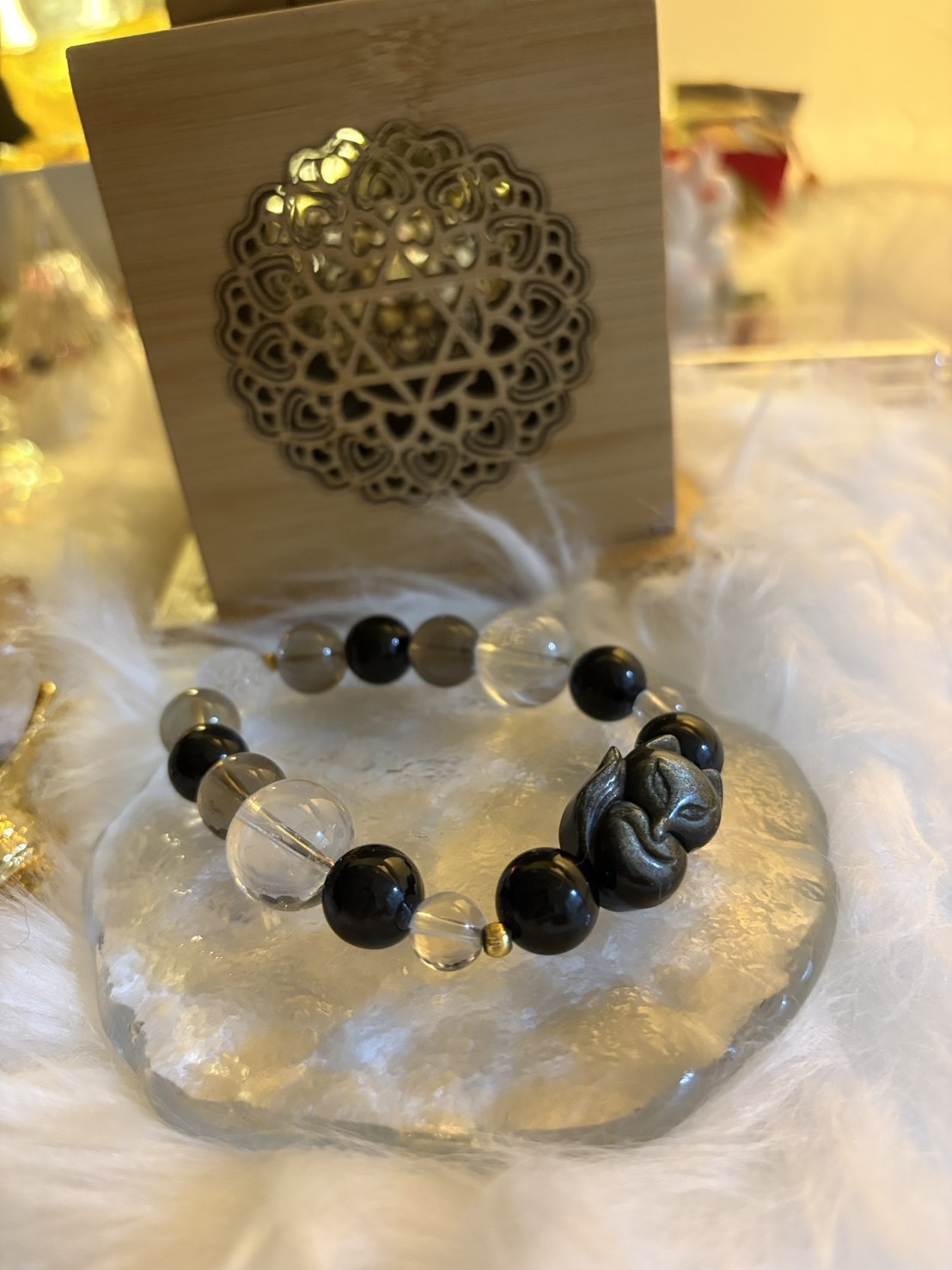 曜影守護｜金曜石靈狐 × 白水晶 × 黑曜石 × 茶水晶