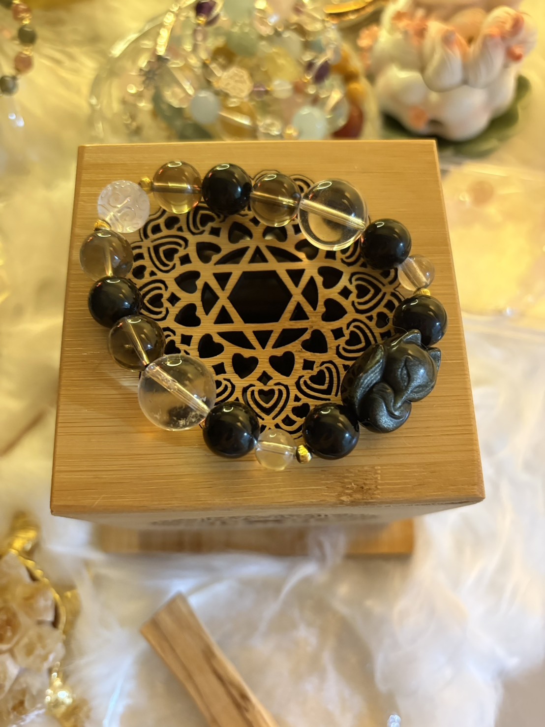 曜影守護｜金曜石靈狐 × 白水晶 × 黑曜石 × 茶水晶