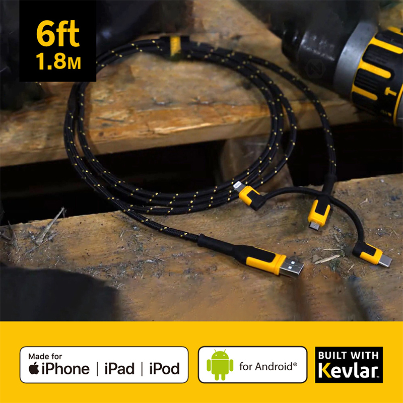 DEWALT 美國 得偉｜伸縮三合一 充電傳輸線 充電線｜長 180cm｜加固線頭 防彈纖維線｜DXMA1311364E