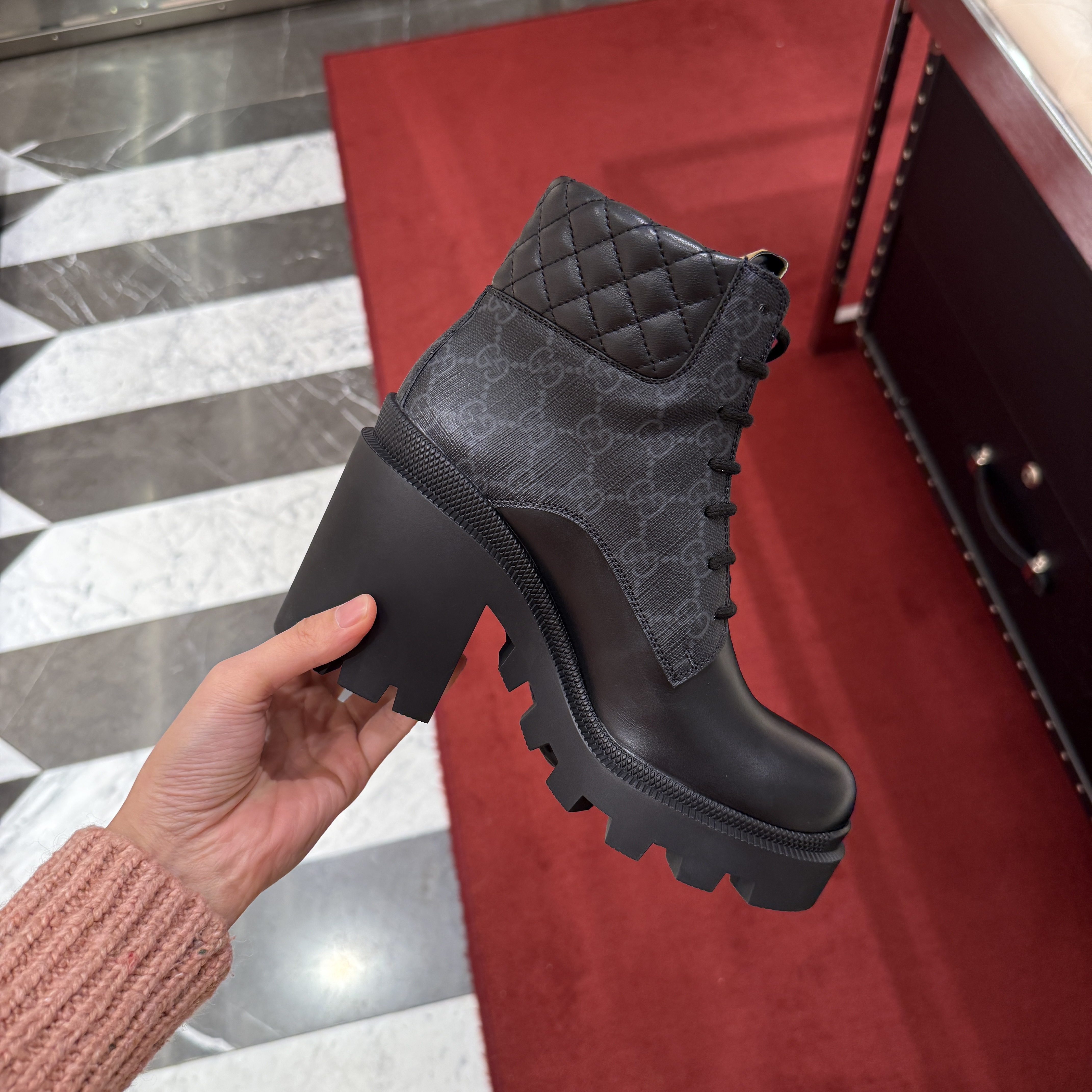 Gucci GG Supreme Trip High heels boots black 843226